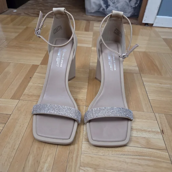 Call It Spring Nude Block Heels with Rhinestone Strap - Picture 2 of 5